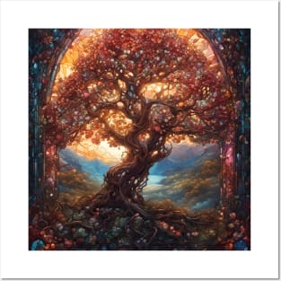 Stained Glass Glowing Gnarled Apple Tree Posters and Art